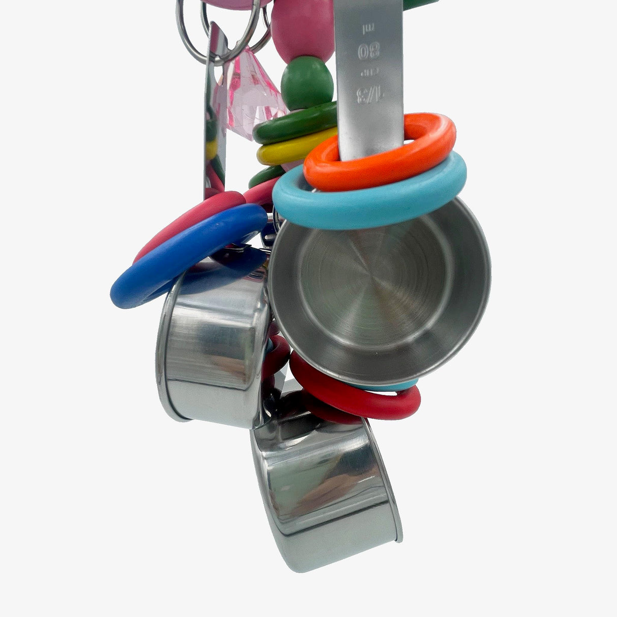 GILYGI Metallic Pots and Multicolored Ring Strings Toys, Pullable 5 Stainless Steel Cups and Wooden Ring Toys for Large and Extra Large Parrot Amazons Macaws African Greys Cockatoos Eclectus