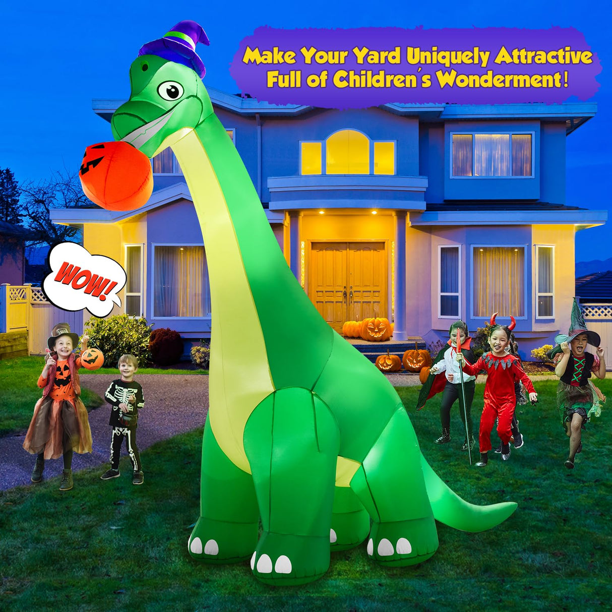 zukakii 13Ft Giant Halloween Dinosaur Inflatable Decorations, Bite Large Pumpkin with Witch Hat Build-in LED Light Strong Blower Huge Blow Up Yard Clearance Decor for Outdoor Indoor Holiday Party Yard