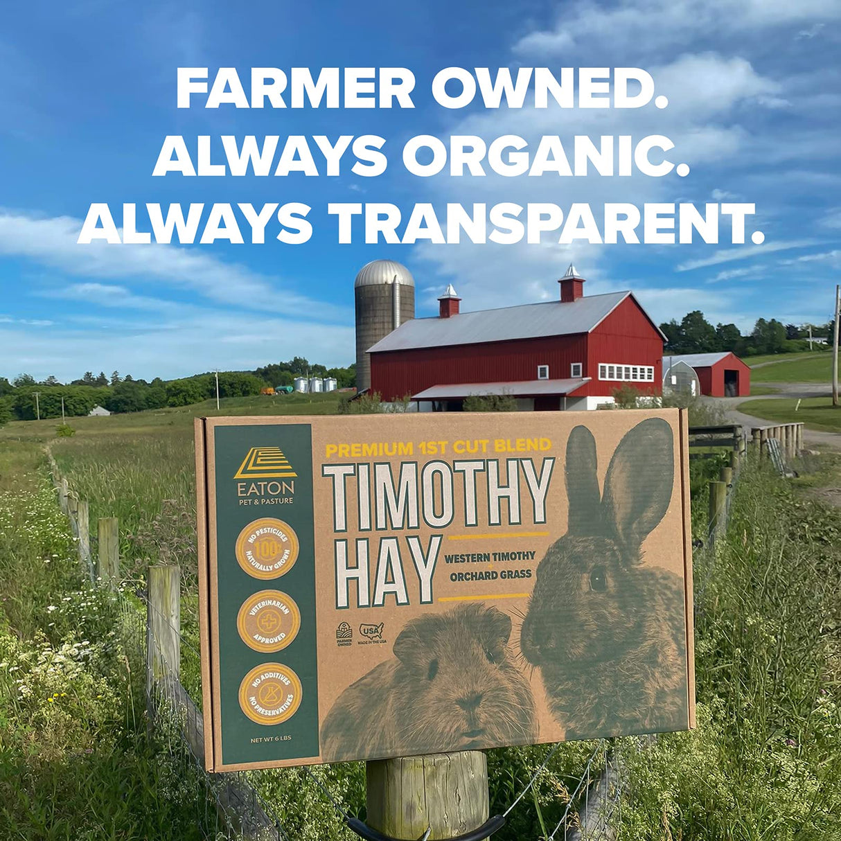 Eaton Pet and Pasture Naturally Grown, Premium, 1st Cut Blend, Western Timothy Hay Orchard Blend, Small Animal Food, Sustainable, Eco-Friendly, Farmer-Owned, 25LB-Box.