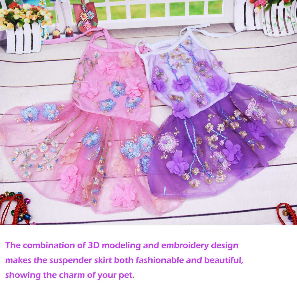 SEIS Flower Lace Dog Dress Cat Princess Suspender Costume Puppy Tutu Floral&Bow Clothes Puppy Embroidery Skirt for Cats Teddy Dog Small Medium Dogs (Pink, L (Chest Circumference 47cm/18.5"))