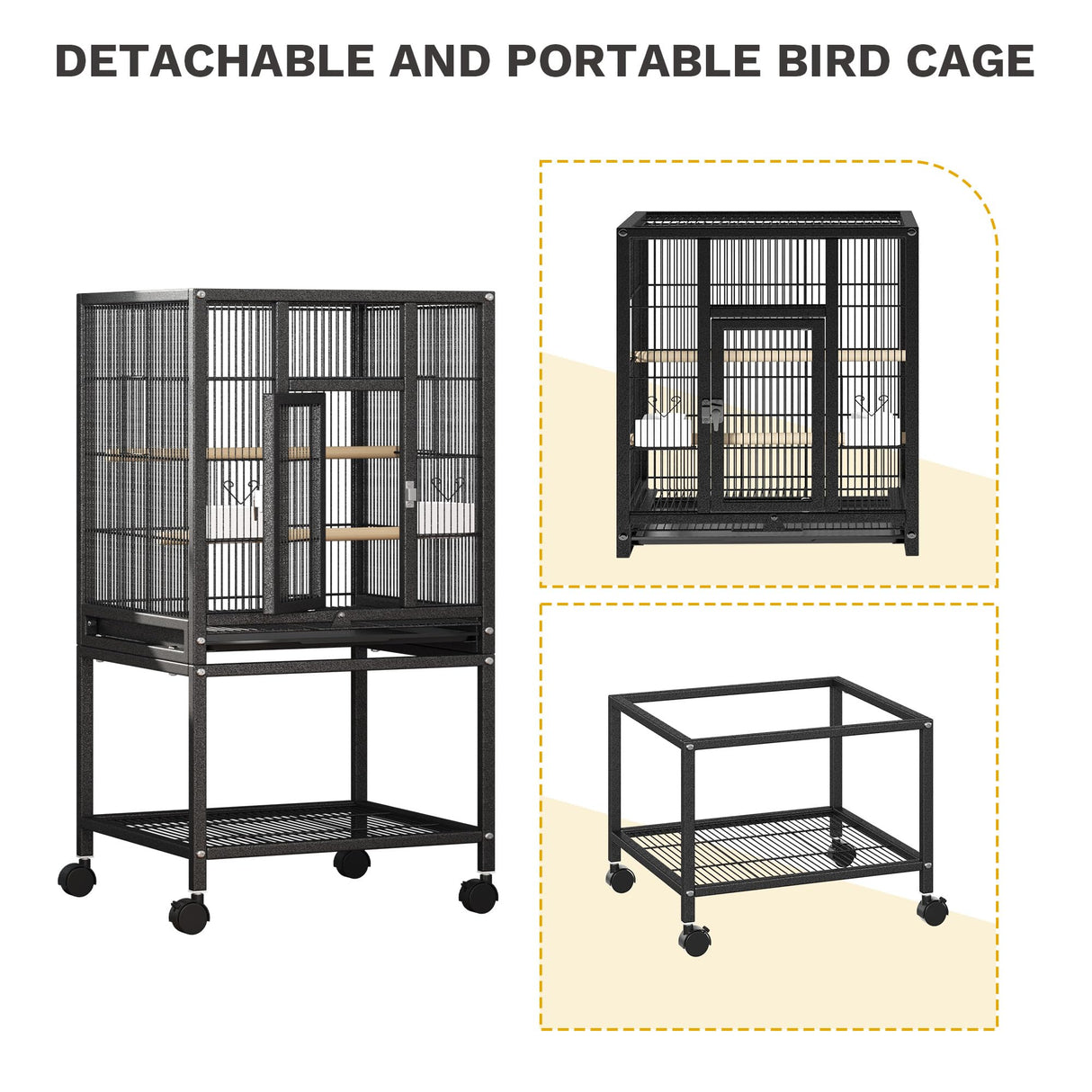 DWVO 41-inch Metal Bird Cage: Large Parrot Cages with Rolling Stand - Features Tray, Food Boxes & Wooden Perches for Parakeets, Lovebirds, Cockatiels, Finches and Pigeons, Black