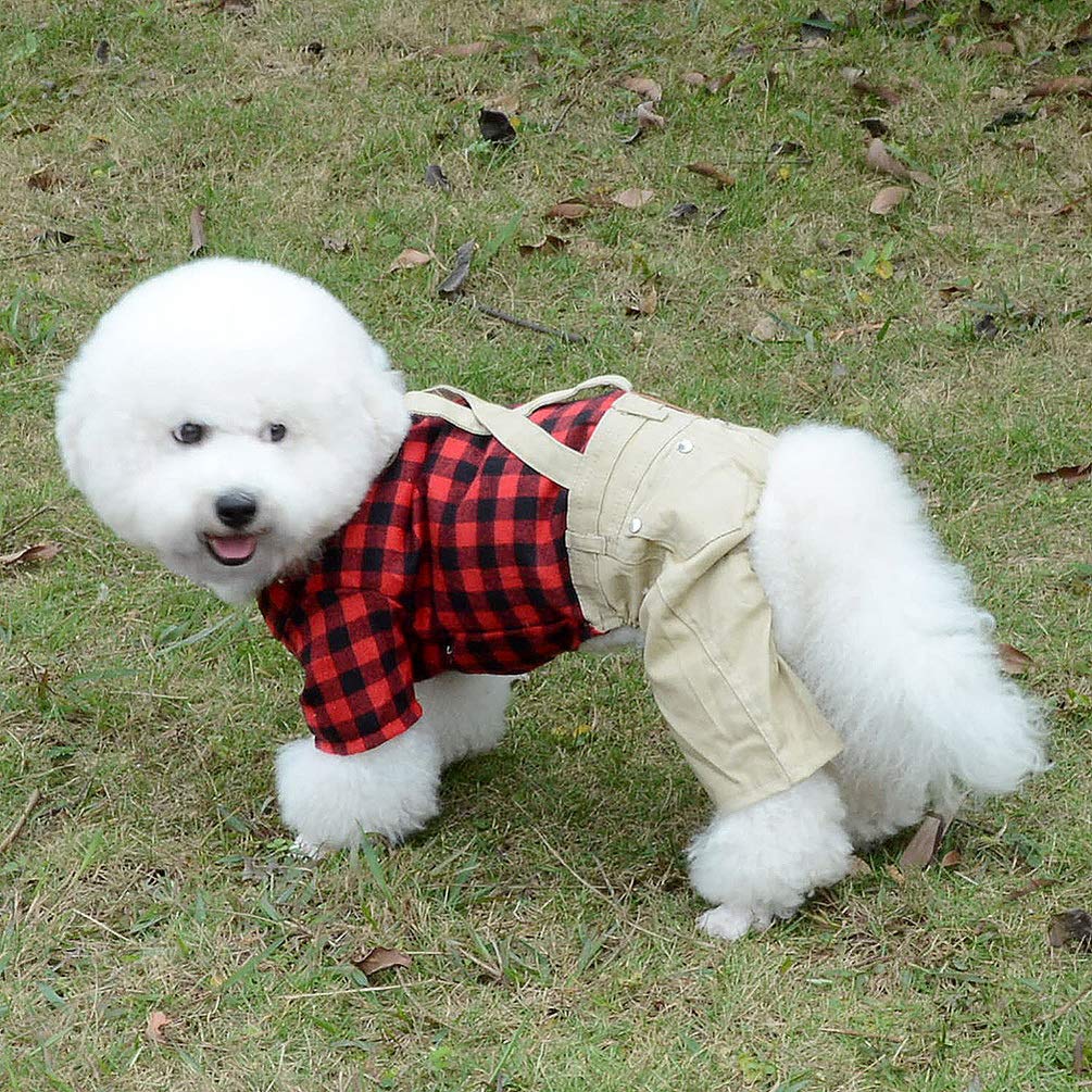 SMALLLEE_LUCKY_STORE Pet Clothes for Small Dog Cat Red Plaid Shirts Sweater with Khaki Overalls Pants Jumpsuit Outfits XL