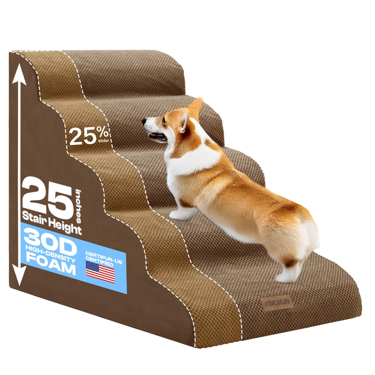 Miorun Extra Wide Dog Stairs for Large Dogs Up to 80lbs, 25" Pet Steps for High Bed with Washable Cover, 5-Step Foam Bed & Couch Ladder for Small Medium Dogs & Senior Cat, Coffee