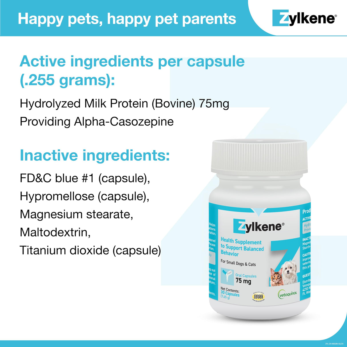 Vetoquinol Zylkene Calming Support Supplement for Small Dogs and Cats, Helps Promote Relaxation and Reduce External Stress Factors, Daily Behavioral Support and Anxiety Relief for Dogs and Cats, 75mg