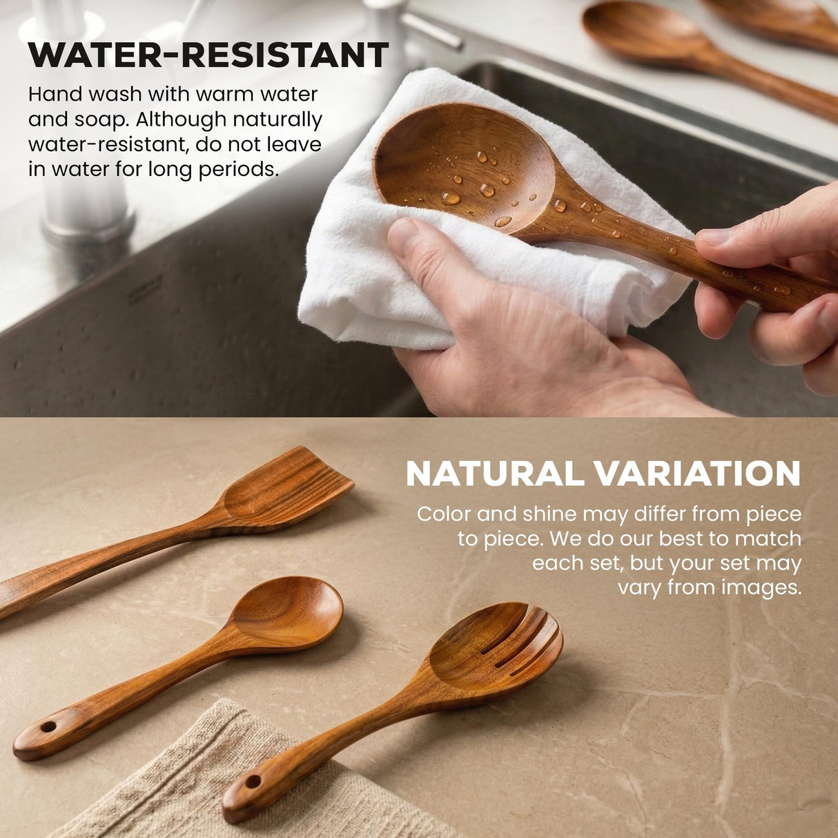 6 Piece Wooden Spoons for Cooking – Natural Teak Wooden Utensil Set, Easy to Clean, Durable, Smooth with Comfort Grip - Non Toxic Wooden Cooking Utensil Sets