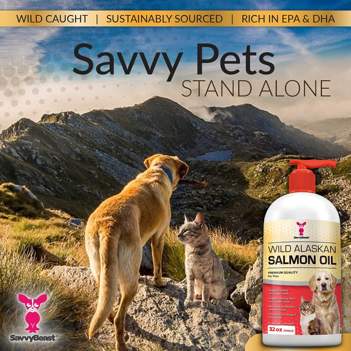SavvyBeast Wild Alaskan Salmon Oil for Dogs, Cats & Ferrets – Omega-3 Fish Oil Pet Supplement with EPA & DHA – Supports Skin, Coat, Joints, Heart, Brain, Itch Relief & Immune – Unscented – 32 oz