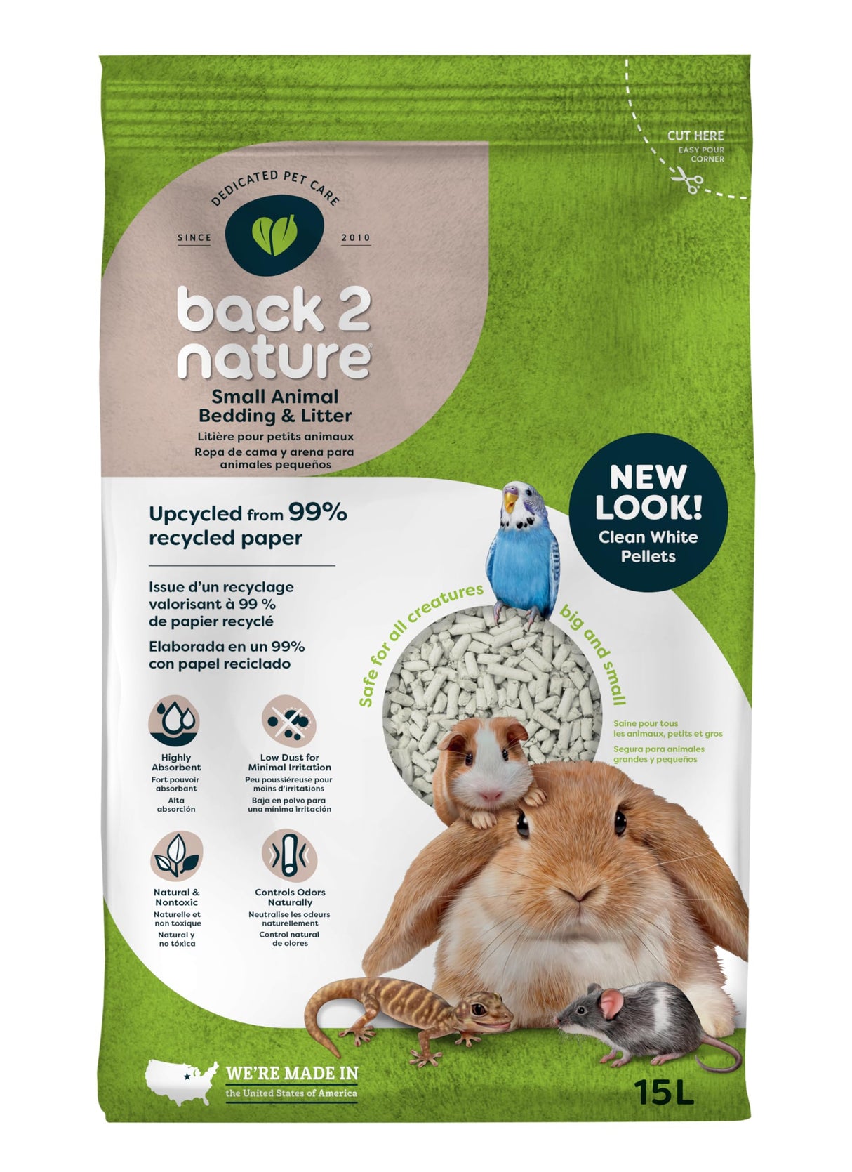 Back 2 Nature® Small Animal Bedding & Litter – Upcycled from 99% Recycled Paper | Highly Absorbent & Long Lasting Odor Control | Natural and Nontoxic | Low Dust | Easy-to-Maintain | 15L Bag