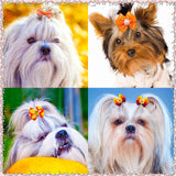 Mruq pet 100pcs Fall Pet Small Dog Hair Bows with Rubber Bands, Bulk Thanksgiving Orange Puppy Dog Grooming Bows, Handmade Pearl and Rhinestones Yorkie Dog Bows for Festival Dog Hair Accessories