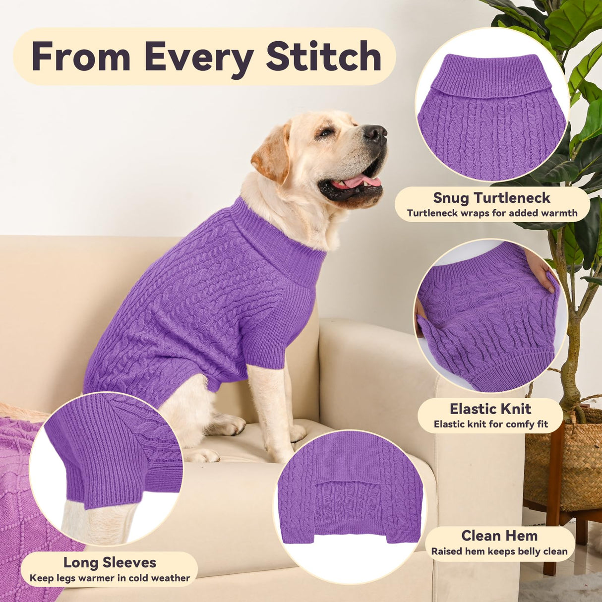 KCFESTIHUE Dog Sweater for Big Dogs Boys Girls Turtleneck Pullover Cable Knit Winter Stretch Clothes Labrador Bulldog Pitbull Doberman with Long Sleeves (XL, Purple)