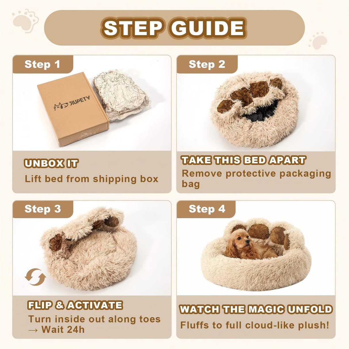 Jiupety Paw Shape Calming Pet Bed, Medium Plush Faux Fur Donut Bed for Dogs & Cats, Machine Washable, Non-Slip Bottom, Extra Large Size (32"×32"×10"), Camel
