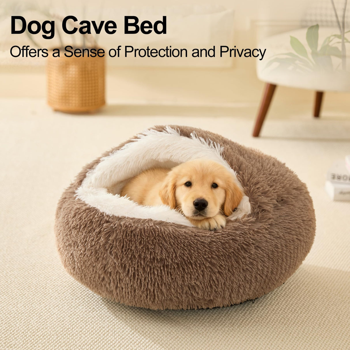 Calming Dog Beds & Cat Cave Bed with Hooded Cover,Removable Washable Round Beds for Small Medium Pets,Anti-Slip Faux Fur Fluffy Coved Bed for Improved Sleep,Fits up to 15/25 lbs(Khaki,M)