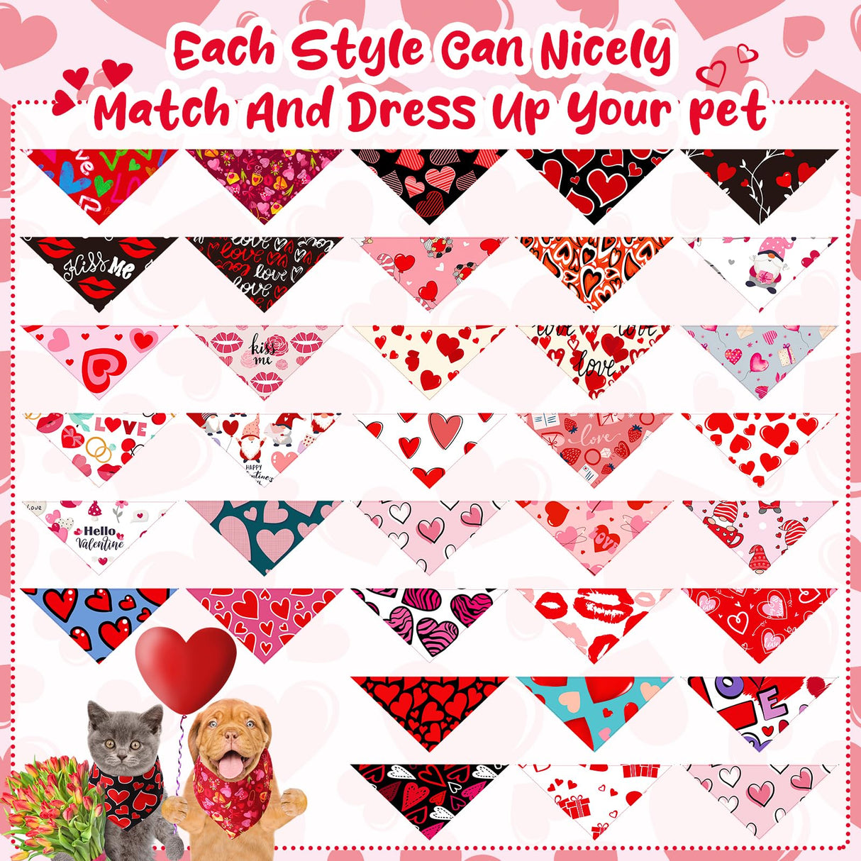 Reginary 72 Packs Valentine's Dog Bandanas Bulk Dog Heart Red Bandanas Valentine Pet Scarf Bibs Triangle Puppy Bibs Adjustable Puppy Scarf for Pet Costume Accessories