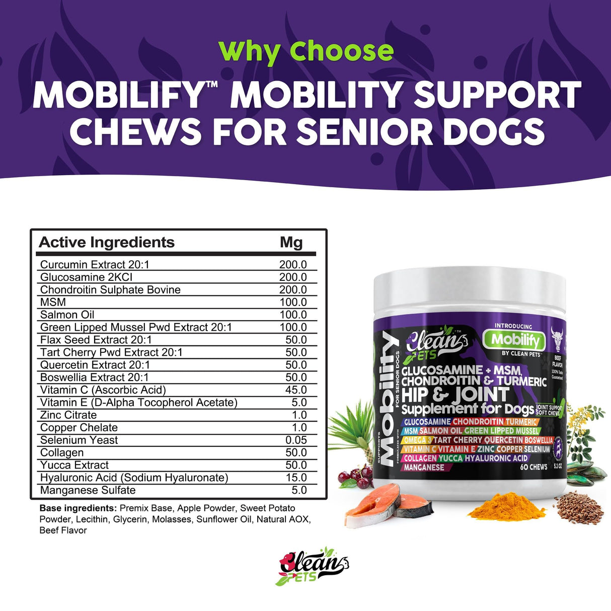 Clean Pets Hip and Joint Supplement Dogs with Glucosamine for Dogs + Chondroitin, Turmeric, Hyaluronic Acid, MSM, Salmon Oil, Collagen, Vitamin C, Omega 3 Senior Dog Supplements Beef Flavor - 1Pack