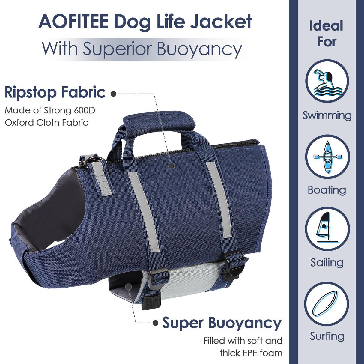 AOFITEE Dog Life Jacket, Dog Life Vest with Zipper and High Flotation, Reflective Dogs Swimming Vest, Adjustable High Buoyancy Pet Swimsuit Lifesaver for Small Medium and Large Dogs, L