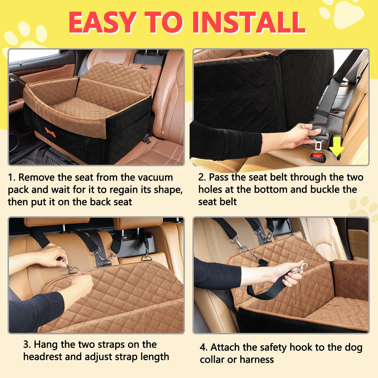 PetsHome Dog Car Seat for Medium Large Dogs, Detachable Washable Pet Booster Seat with Memory Foam Cushion, Side Pockets, 2 Clip-On Safety Leashes Pet Car Seat for Dog Up to 60 lbs/2 Small Dogs-Brown