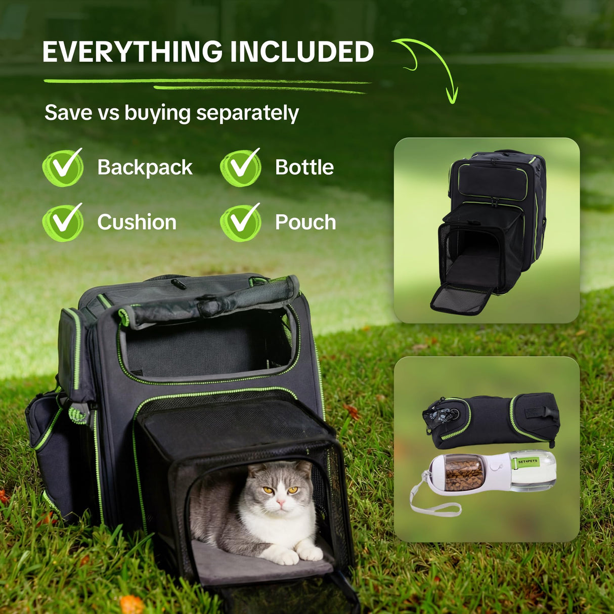 Cat Carrier Backpack for Travel & Car with Seat Belt Safety System, Expandable Pet Carrier for Cats & Small Dogs up to 25 lbs, Breathable, Durable, Foldable, Travel Friendly