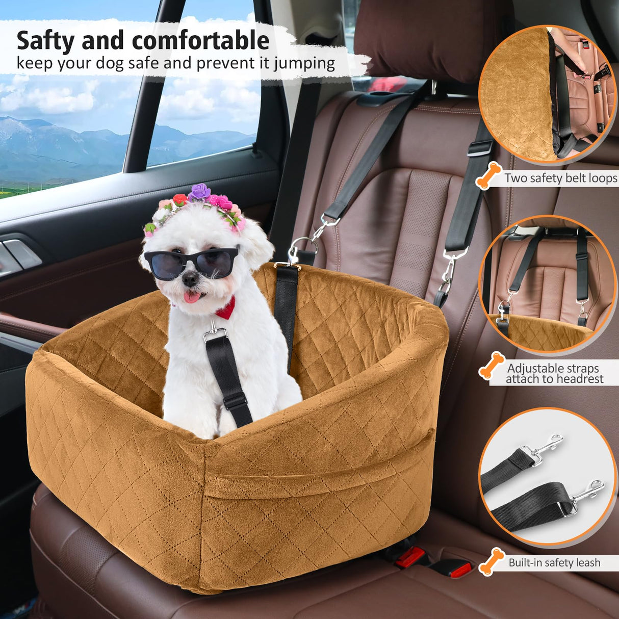 NEEZUKAR Dog Car Seat for Small Medium Dogs,Detachable Washable Dog Booster Seat Under 30lbs,Pet Car Seat Travel Bed with Storage Pockets and Dog Safety Belt（Brown