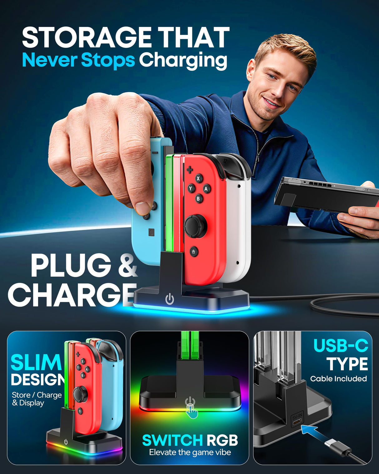 Switch Joycon Charger for SW 1 Model with 9 RGB Light Modes, Switch Controller Charger Stand with LED Indicators, SW Charging Dock Station for 4 Joycon Charging