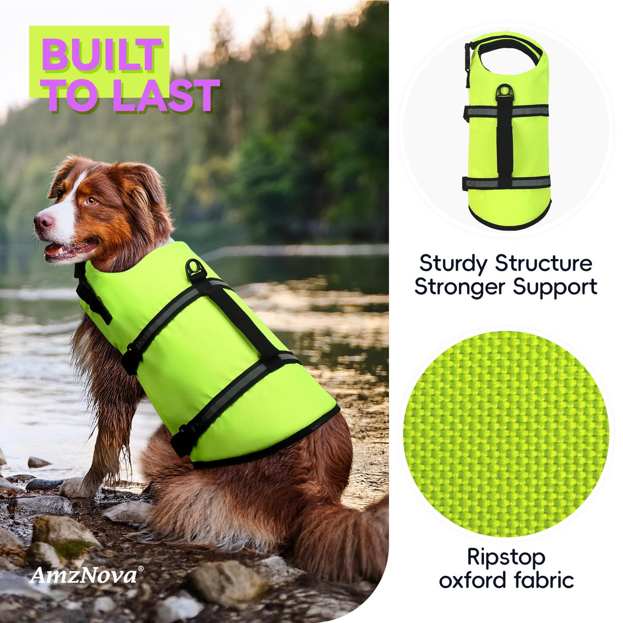 AMZNOVA Rip Stop Dog Life Jacket, Dog Life Vest for Swimming & Boating, Lightweight & Buoyancy for Doggy Puppy, Lifejacket with Handle, M, Bright Yellow