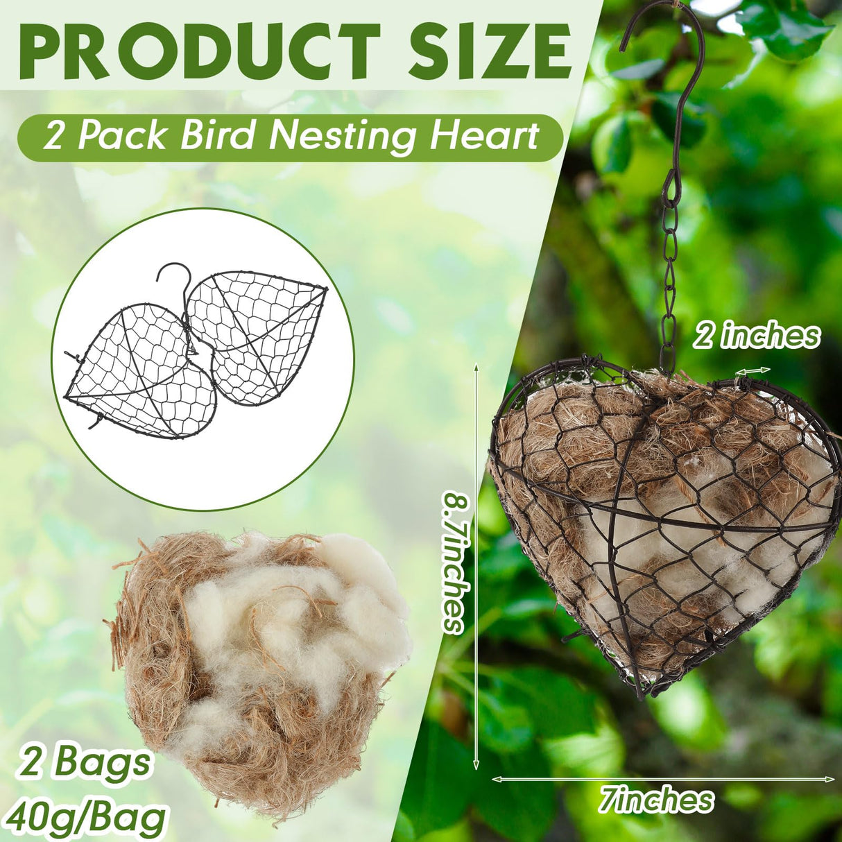 Menkxi 2 Pcs Nesting Material Bird, 9 x 7 Inch Hummingbird Nest House Bird House for Outside, Gift Design for Animal Lovers, Winter Fowl Gifts in Indoor Patio Garden (Heart Shaped)