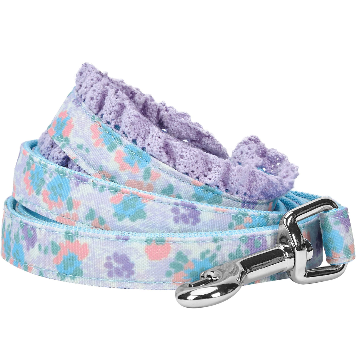 Blueberry Pet Durable Made Well Lovely Floral Print Dog Leash with Lace in Lavender, 5 ft x 5/8", Small, Leashes for Dogs