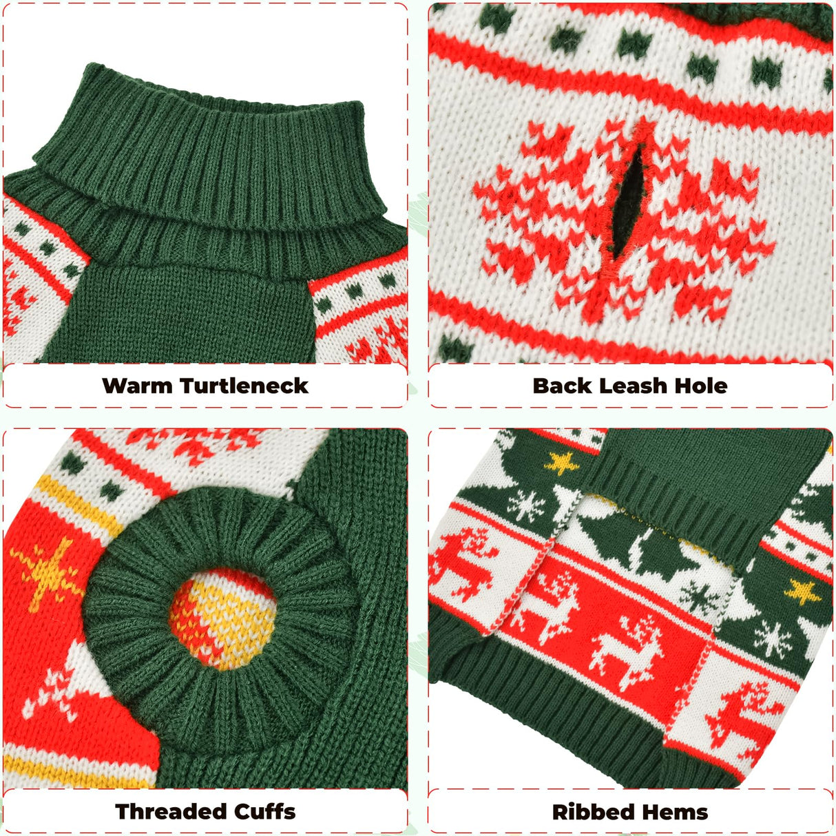 Vehomy Dog Christmas Sweater Warm Pet Xmas Turtleneck Sweater with Snowflakes Reindeers Bells Dog Christmas Knitwear Knitted Shirt Pullover Clothes for Medium Large Dogs L