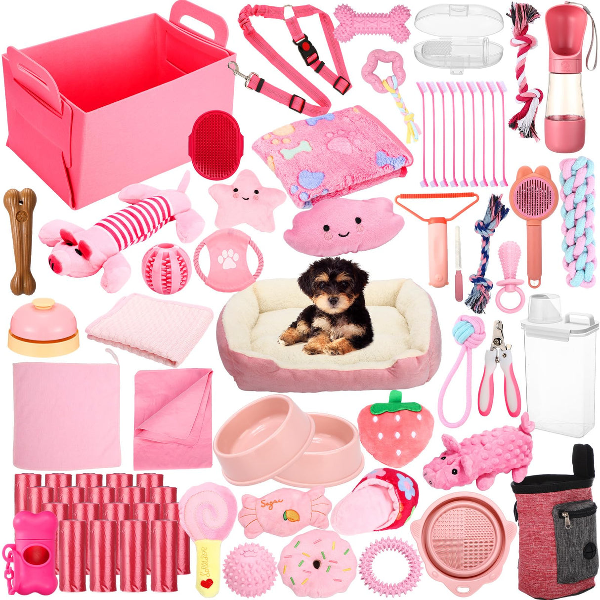 Abbylike 75 Pcs Puppy Supplies Starter Kit for Small Dogs New Puppy Essentials Starter Kit Pink for School Dog Toys Includes Dog Leash, Bowl, Brushes, Water Bottles, Christmas Welcome Home Gift