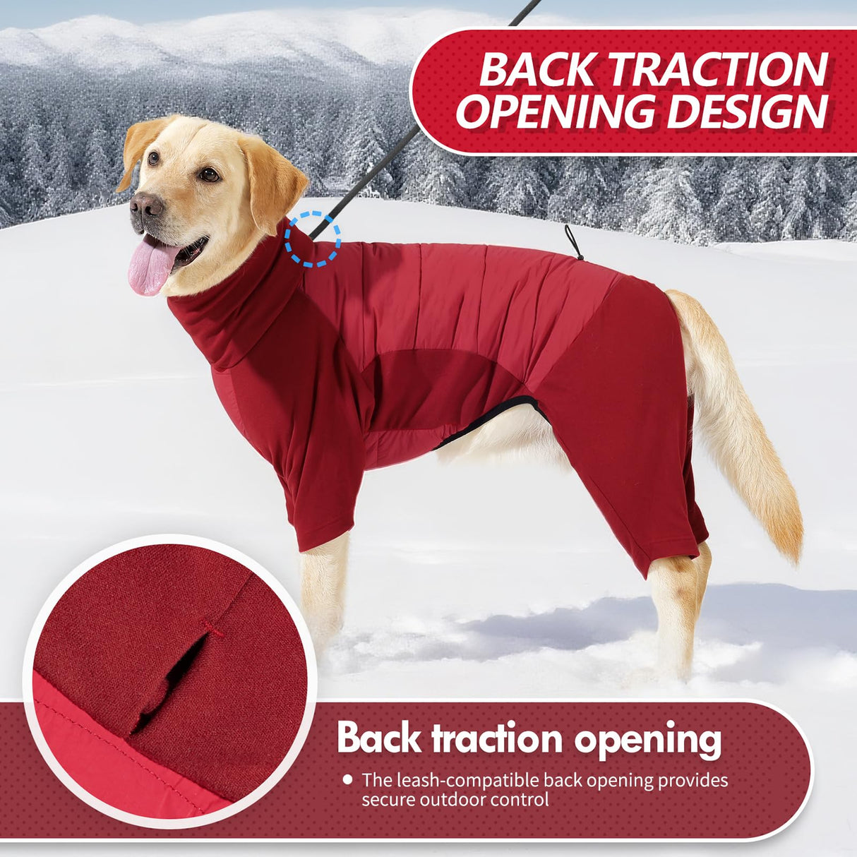 BRKURLEG Full Body Dog Winter Coat Warm Fleece Pullover Pajamas, Four Legs Covered Windproof Dog Jacket for Small to Large Dogs, Turtleneck Dogs Snowsuit, Pet Cold Weather Clothes, Red XXXL