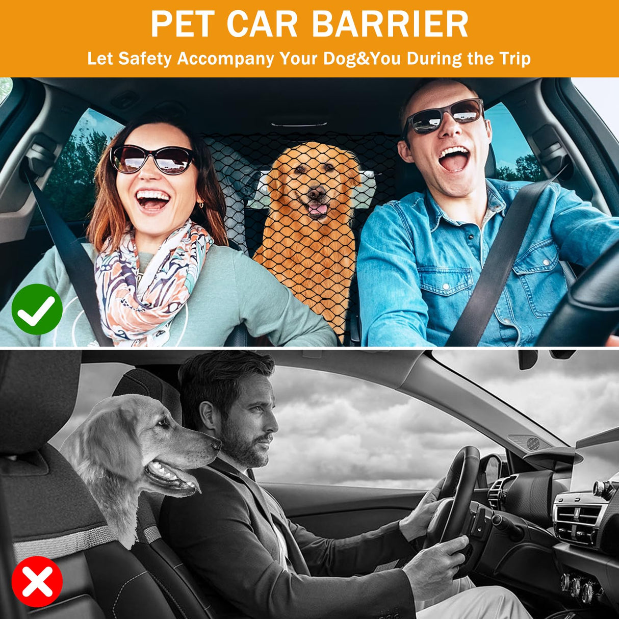 Dog Barrier for Car SUV, 47" Dogs Net with Metal Hooks, Stretchable Mesh Cargo Net, Car Divider Dog Gate for Driving Safely with Children & Pets, Universal for Trucks, SUV