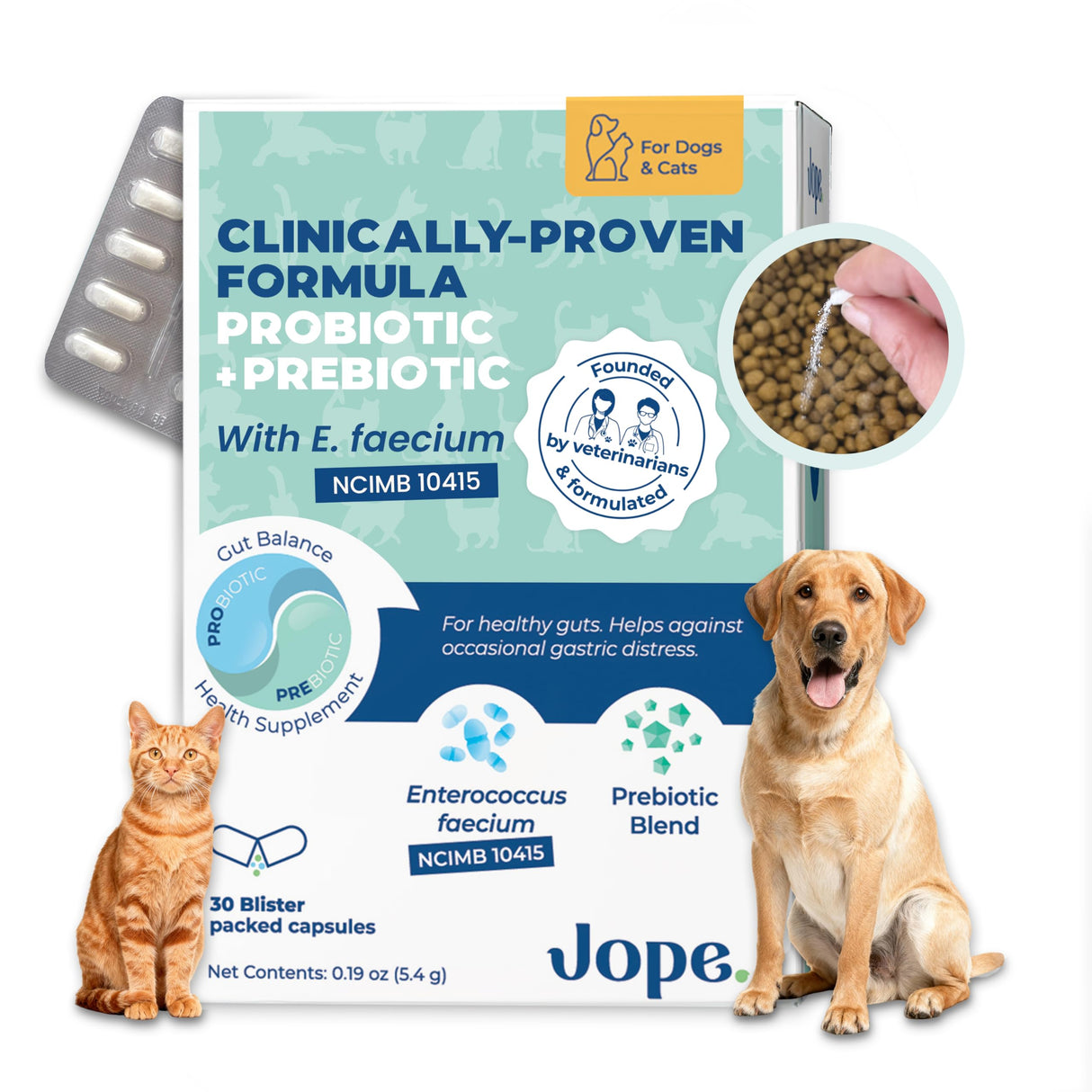 Jope Synbiotic GB-01® - Prebiotics and Probiotics for Dogs & Cats - Clinically Proven Formula - Vet Formulated for Gut Health, Stool Quality, Diarrhea, Immunity, Skin & Coat - 30 Gut Powder Capsules