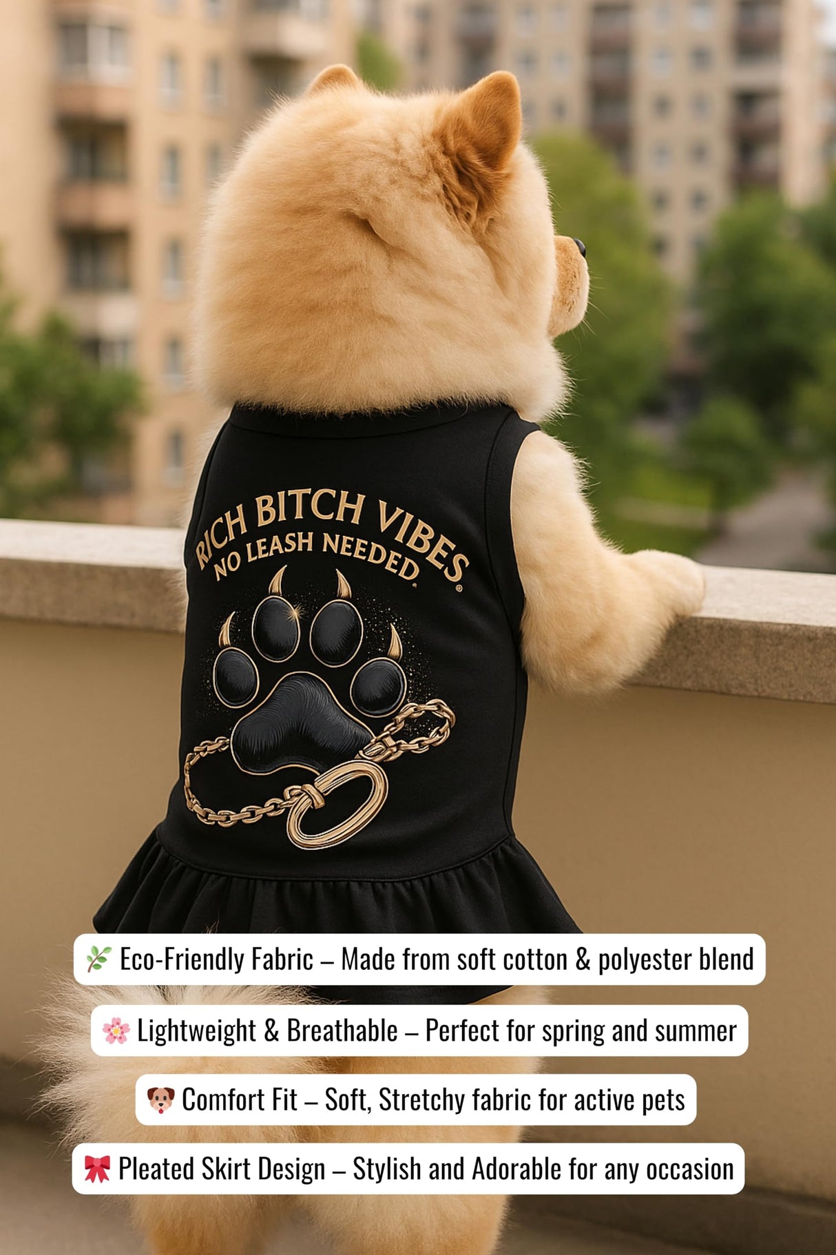 Rich Vibes Luxury Dog T-Shirt Dress – Soft Cotton Blend Designer Pet Outfit for Confident Dogs, Breathable Fashion Tee Dress for Large Breeds, Premium Everyday Dog Apparel (Black, 5XL)
