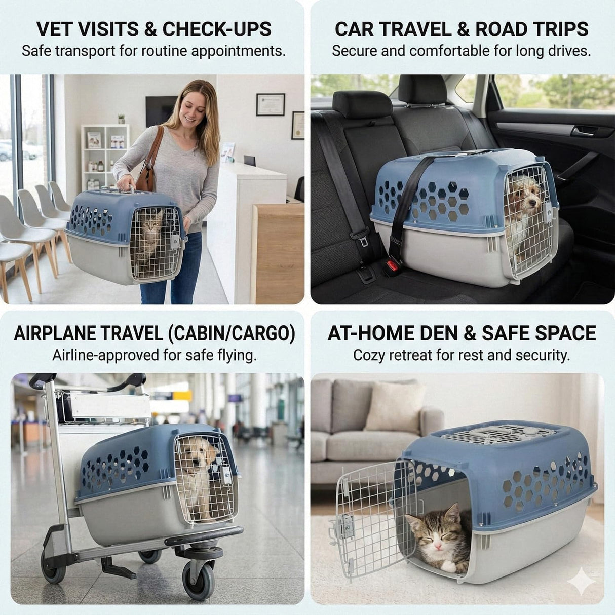 Portable Double Door Plastic Pet Carrier for Dogs & Cats - 24" Durable Ventilated Kennel with Top Loading, Airline Approved, Foldable Design for Travel & Vet Visits