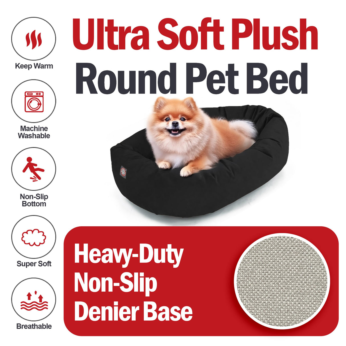 Majestic Pet 24 Inch Suede Shredded Memory Foam Mix Calming Small Dog Bed Washable 24 x 19 x 7 (Inch) - Cozy Soft Round Donut Dog Bed with Spine for Head Support - Pet Bed Black