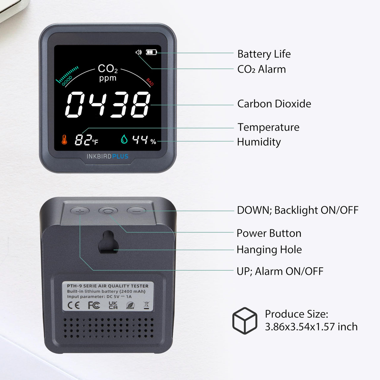 INKBIRDPLUS Indoor CO2 Meter, Air Quality Monitor can Monitor Temperature & Humidity, Carbon Dioxide Detector with Alarm Function, CO2 Detector for Grow Tents, Wine Cellars, Homes, Cars