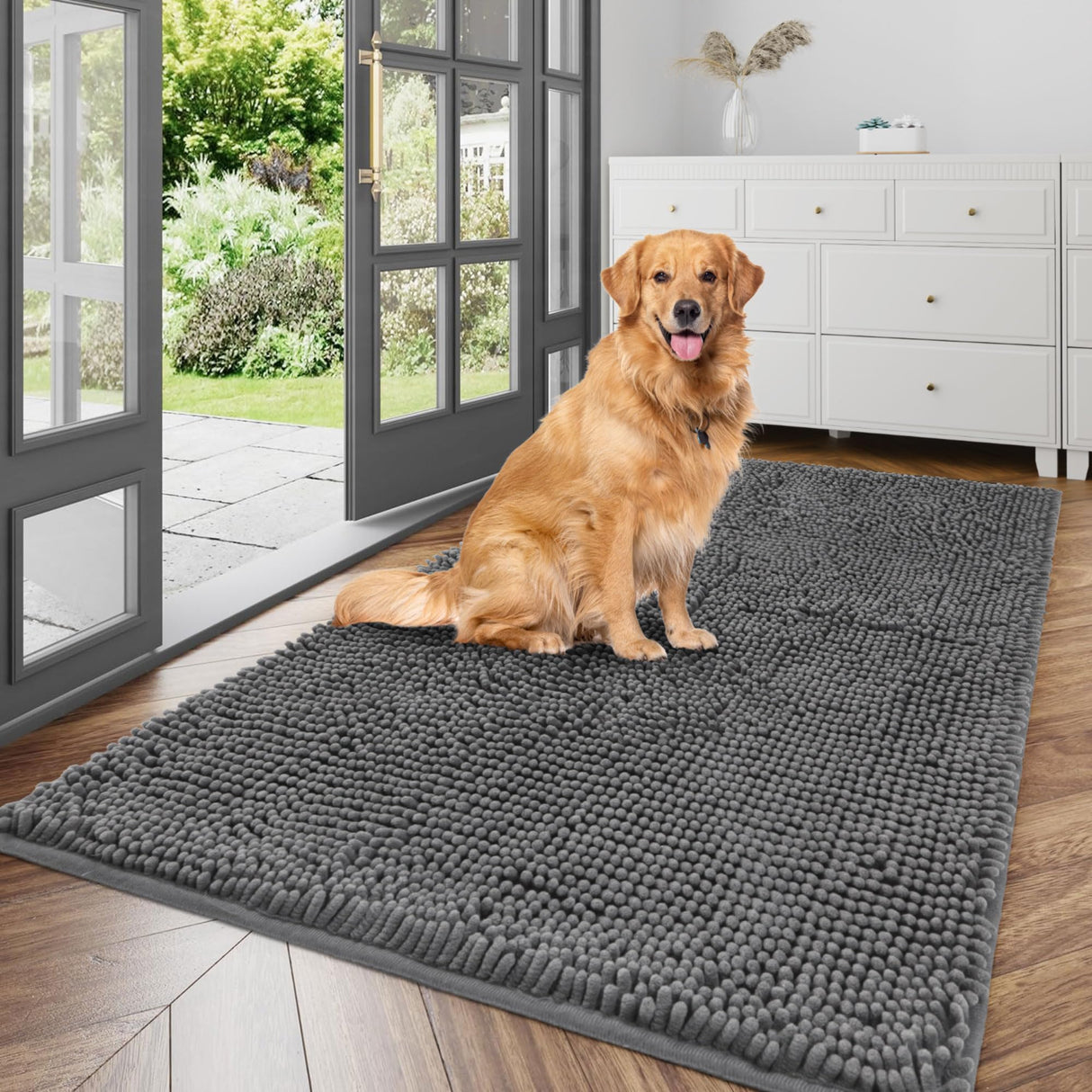 Cybstrax Ultra Absorbent Dog Door Mat for Muddy Paws, 72" x 36" Chenille Mud Mat for Dogs, Quick Dry, Trap Dirt Non-Slip Machine Washable Entry Rug for Indoor Outdoor Entrance, Dark Grey