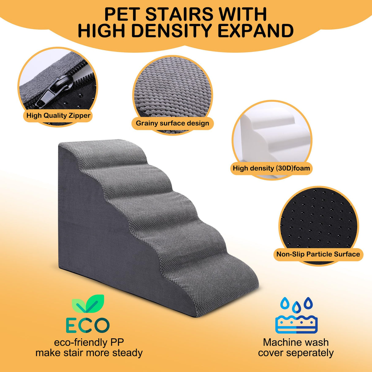 CiWiVOKi Dog Stairs for Bed, 5-Step Dog Steps for Couch and High Bed, Non-Slip Pet Stairs, 24" High Sofa Foam Ramp - Best for Small Pets, Older Cats with Joint Pain
