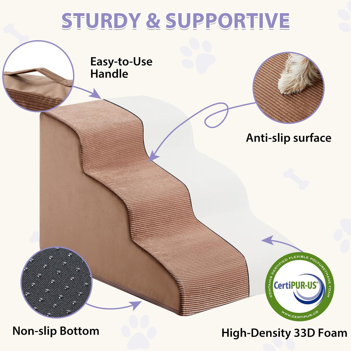 LEXTRO Dog Stairs for Small Dogs, 3-Steps Dog Ramp for Bed and Couch, Pet Stairs with Highly Supportive Foam and Non-Slip Bottom, Pet Steps for Cat & Doggie (High 15.7 Inch)