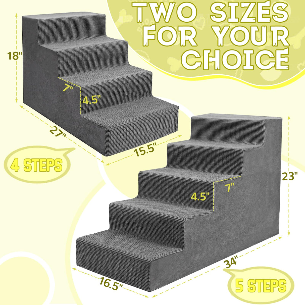 Niubya Dog Stairs for Small Dog and Cats,23”H Non-Slip Bottom Pet Steps for High Beds and Couch,Extra Wide High-Density Foam Pet Stairs Grey,5 Steps