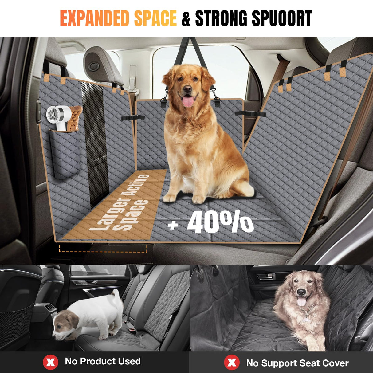 Lekespring Dog Car Seat Cover for Back Seat, Hard Bottom Holds 420lbs Dog Hammock for Cars SUVs Trucks, Easy to Clean, Waterproof Scratch-Proof Nonslip Backseat Extender for Dogs 4 Panels
