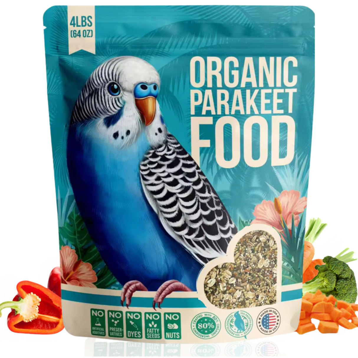 Flocksentials 80% Organic Parakeet Food - No Fillers, Fatty Seeds, or Dyes - Budgies, Lovebirds & Parrotlets - Premium Human Grade Seed Mix, Grain & Wholesome Veggies – Made in USA (4 lbs)