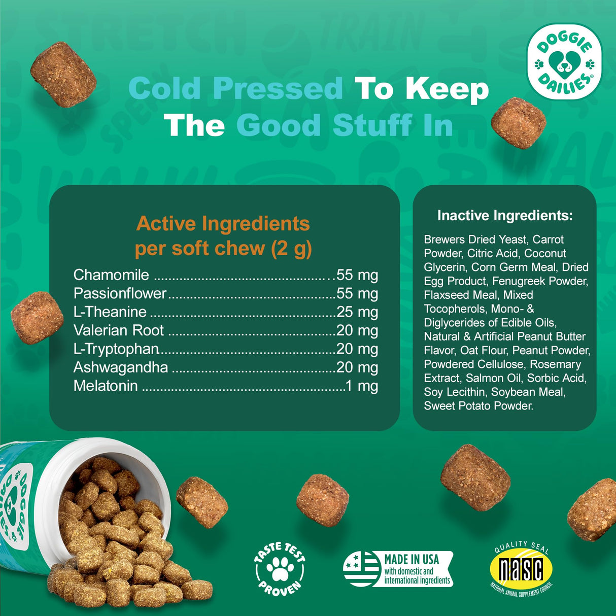 Doggie Dailies Calming Chews, Melatonin & Chamomile for Stress Relief, Relaxation & Anxiety (Peanut Butter, 225 Soft Chews)