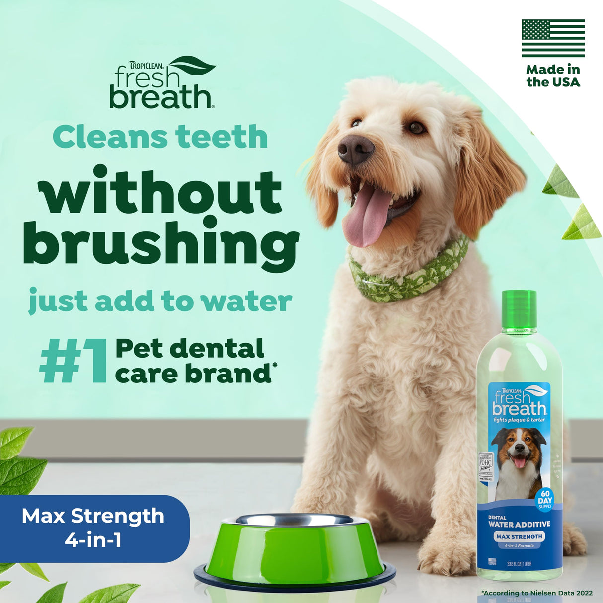 TropiClean Fresh Breath Advanced Whitening Water Additive for Dogs, Max Strength Dog Teeth Cleaning and Breath Freshener Solution, 33.8oz