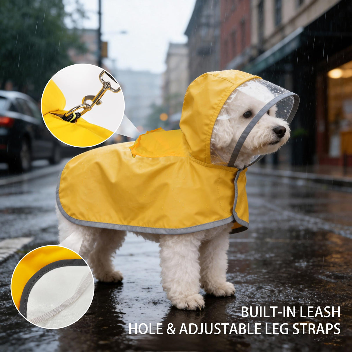 Dog Raincoat, Adjustable Dog Rain Jacket, Waterproof Dog Poncho, Clear Hooded Double Layer, Reflective Strip & Storage Pocket for Small Dogs (S)