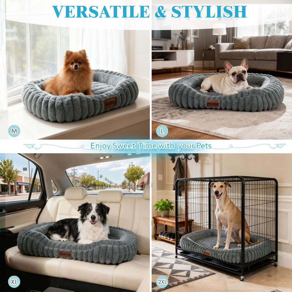 KISIMUY Cute Washable Dog Bed for Small Dogs -Soft Plush Calming Puppy & Cat Bed with Anti-Slip Bottom, Rectangle Anti-Anxiety Puppy Kennel Bed with Handle, 25" x 21" x 4",Grey