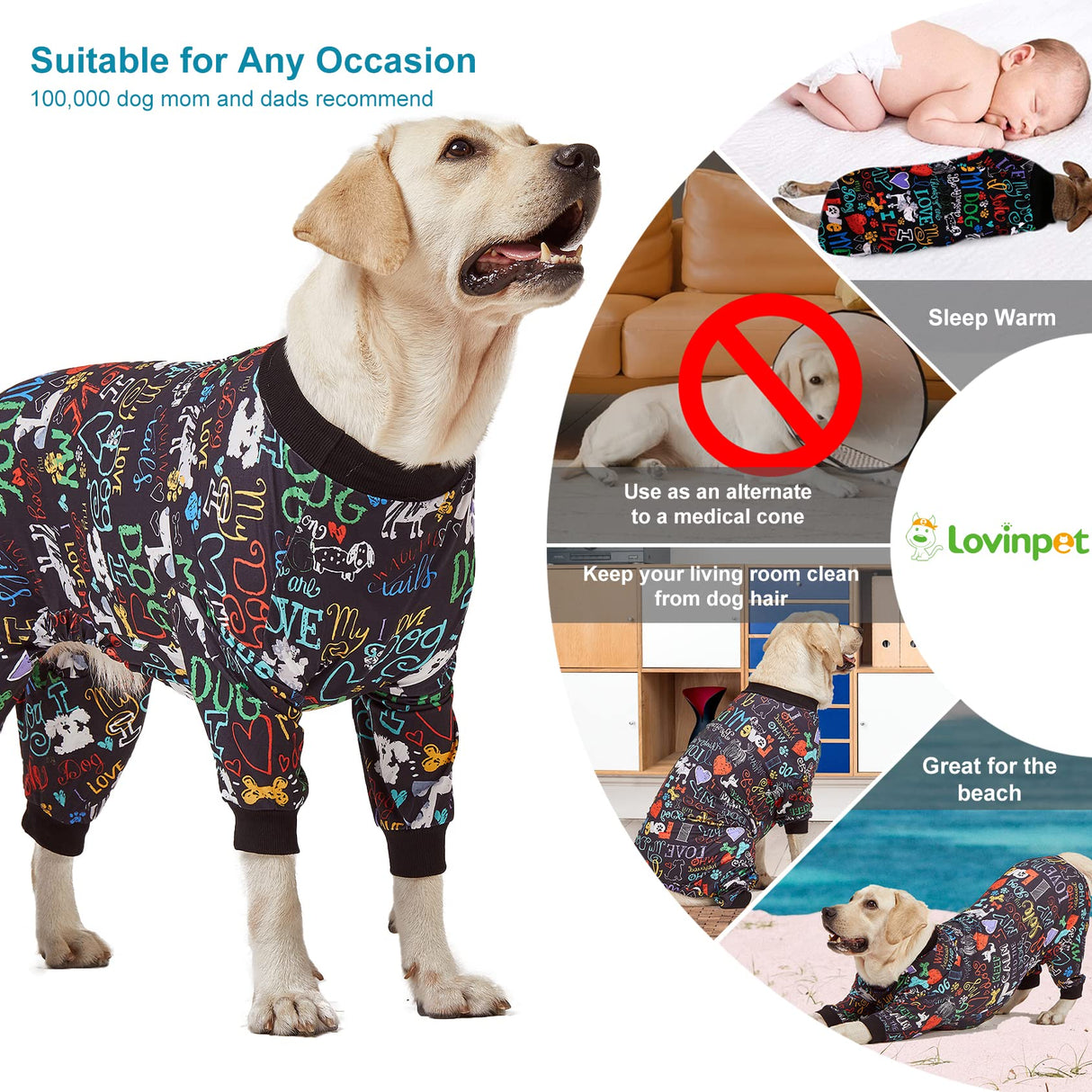 LovinPet Large Dog Pajamas, Wound Care/Post Surgery Shirt, UV Protection, Love My Dog Text on Black Print, UV Protection, Pet Anxiety Relief, Large Dog Onesies, Pet PJ's /3XL