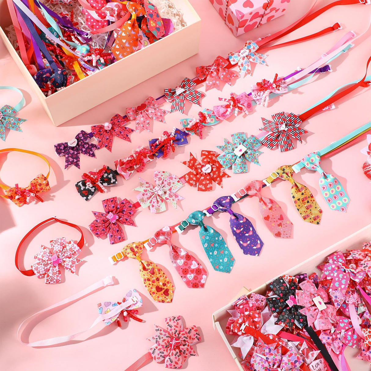 Huhumy 100 Pcs Valentine's Day Dog Bow Tie Collar Bulk Valentine's Day Dog Bow Tie Adjustable Heart Puppy Neckties Collars for Small Medium Pet Grooming Accessories Puppy Supply