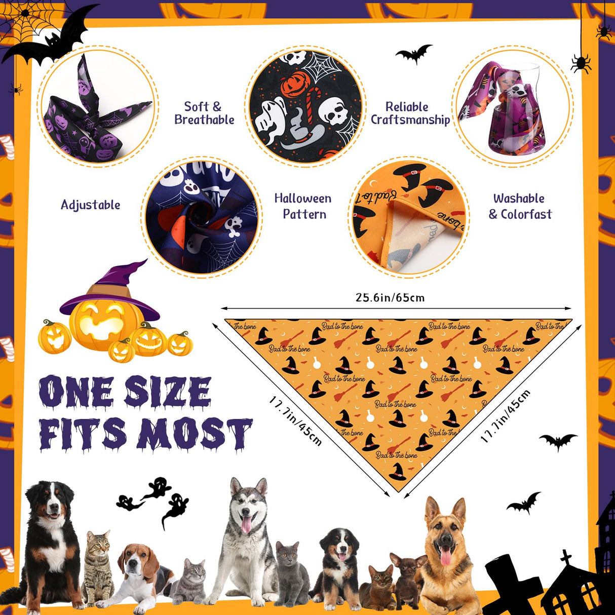 Huhumy 100 Pcs Halloween Dog Bandanas Bulk Pumpkin Ghost Bat Dog Scarf Triangle Pet Neckerchief Bibs Adjustable Washable Pumpkin Puppy Costume Accessories for Grooming Supplies Small to Large Dogs Cat