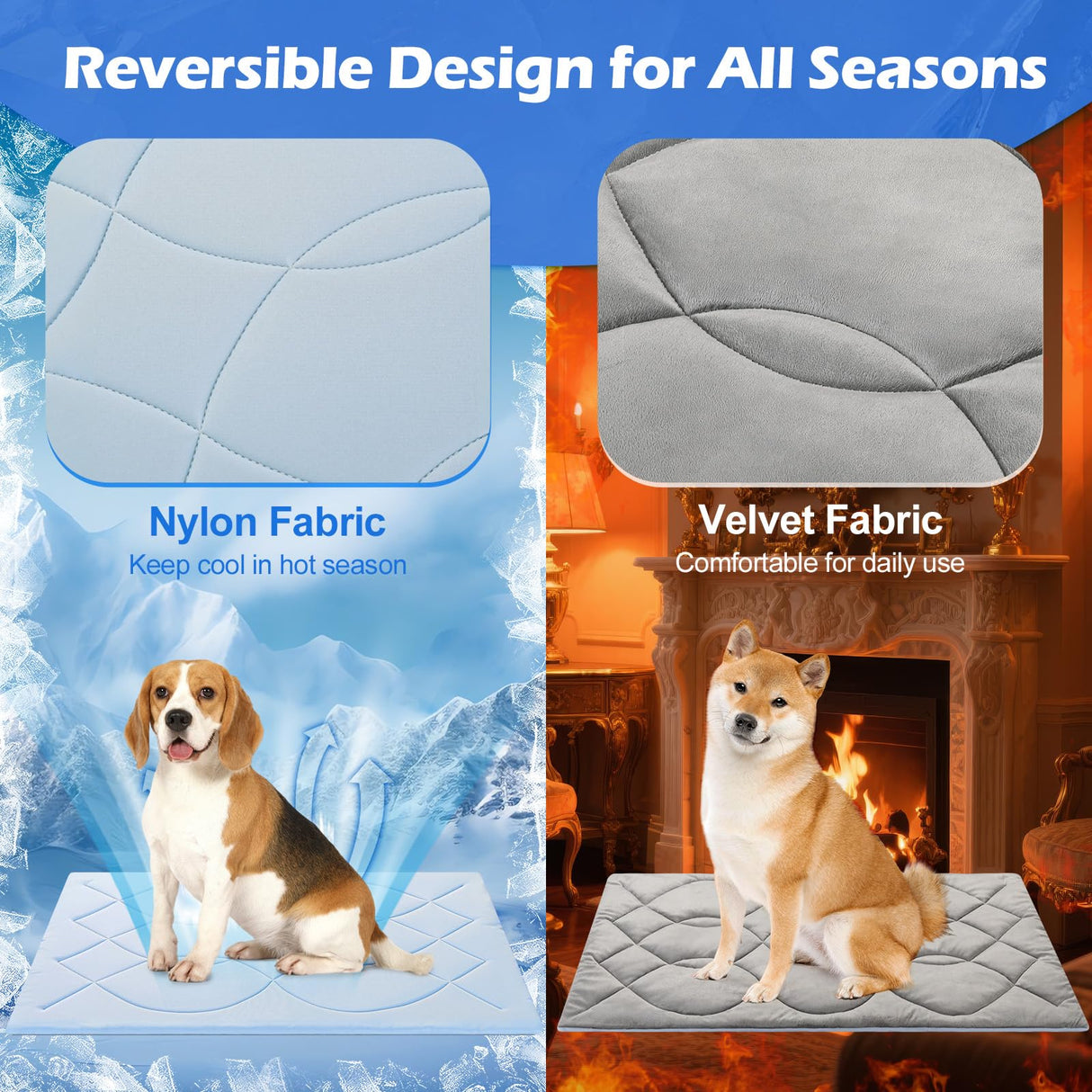 Tivray Dog Cooling Mat, 48'' × 28'' Large, Self-Cooling Mat for Dog Reversible (Cool & Warm), Double-Sided Pet Cool Pads for Crate, Kennel, Machine Washable Summer Blanket, Non-Gel, Blue + Grey