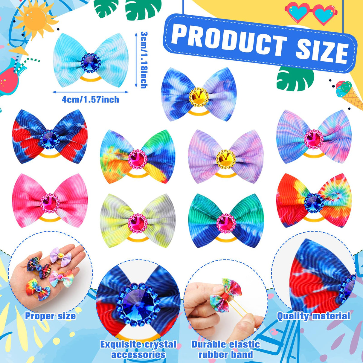 Tondiamo 100 Pack Tie Dye Dog Hair Bows for Dogs Spring Dog Hair Bows with Rubber Bands Puppy Rhinestone Grooming Dog Hair Accessories for Small Girl Dogs
