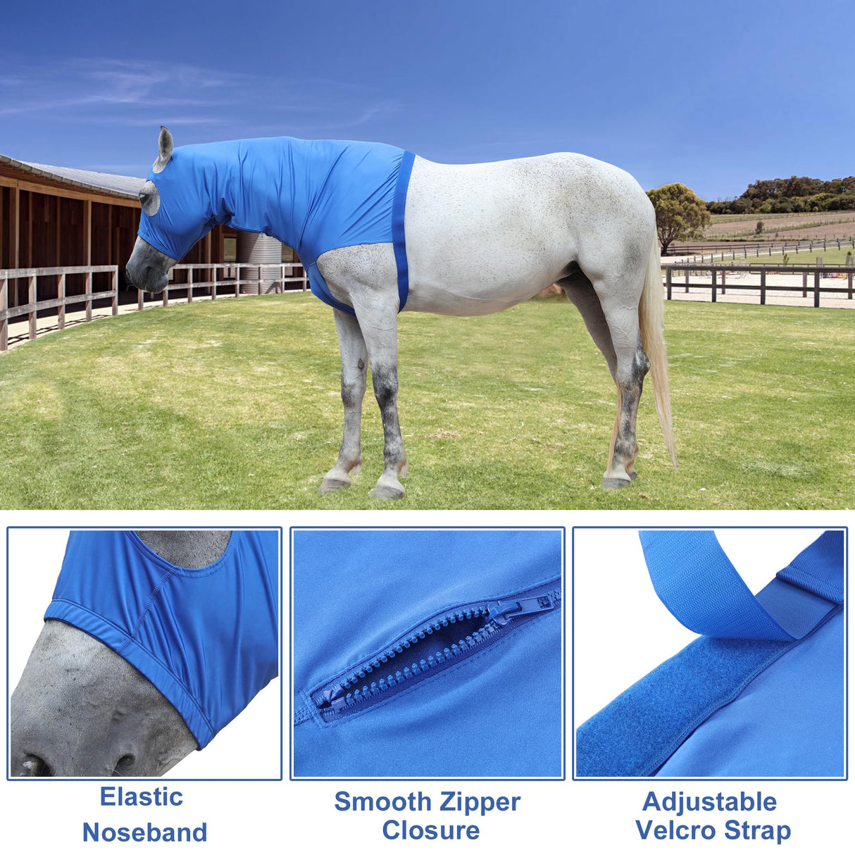 Gallopoff Horse Slinky Hood with Zipper, Stretch Spandex Sleazy Hood for Mane Protection, Breathable Horse Neck Cover for Show Prep, Braids Saver, Sleek Grooming Under Blanket Use Blue Medium